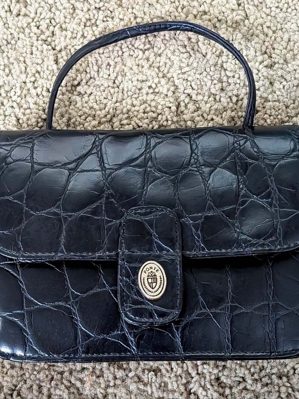 Vintage Ponte Black Mock Croc Mini Top Handle/Crossbody W/Mirror